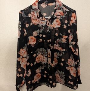 Black Floral Sheer Button Down Forever 21 Blouse
